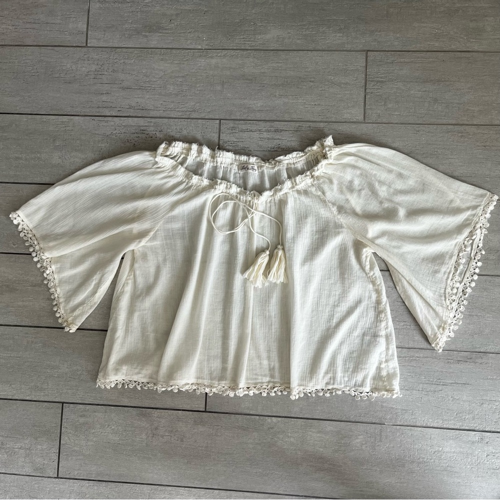 LoveShackFancy Dahila Cream Blouse Tasseled Gauze Peasant Top Large Boho Hippie